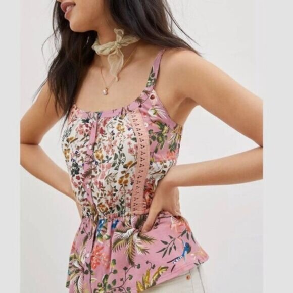TINY / Anthropologie Thea Peplum Tank Top Pink Floral Sz XS Flawed - Picture 1 of 16